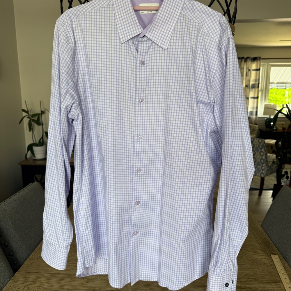 Duchamp London Mens Slim Fit Dress Shirt Purple Gingham Check 16.5 L Long Sleeve